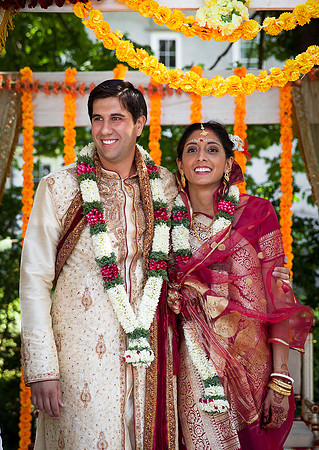 Bride and groom during Hindu wedding ceremony at Linden Place, Bristol. Rhode Island.