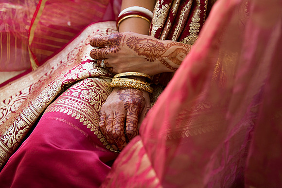 Bride getting ready for hindu wedding ceremony at Linden Place, Bristol. Rhode Island.