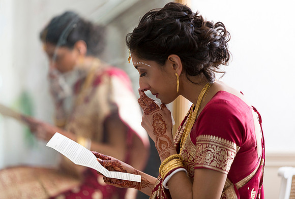 Bride getting ready for hindu wedding ceremony at Linden Place, Bristol. Rhode Island.