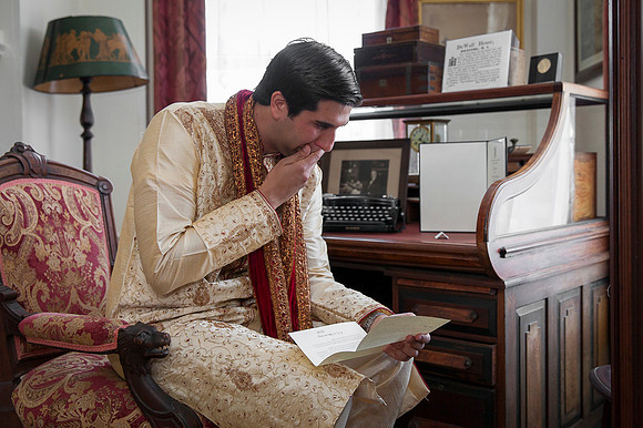 Groom getting ready for hindu wedding ceremony at Linden Place, Bristol. Rhode Island.