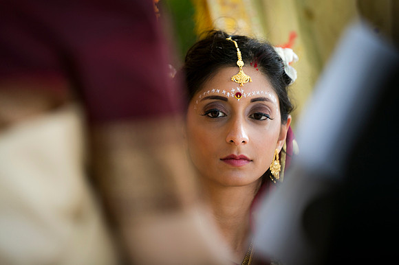 Bride and groom during Hindu wedding ceremony at Linden Place, Bristol. Rhode Island.