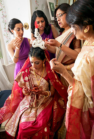 Bride getting ready for hindu wedding ceremony at Linden Place, Bristol. Rhode Island.