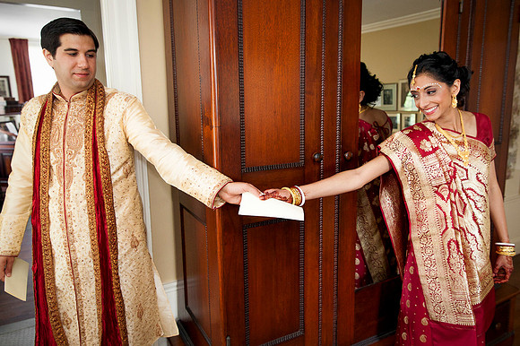 Bride getting ready for hindu wedding ceremony at Linden Place, Bristol. Rhode Island.
