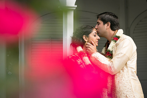 Bride and groom during Hindu wedding ceremony at Linden Place, Bristol. Rhode Island.