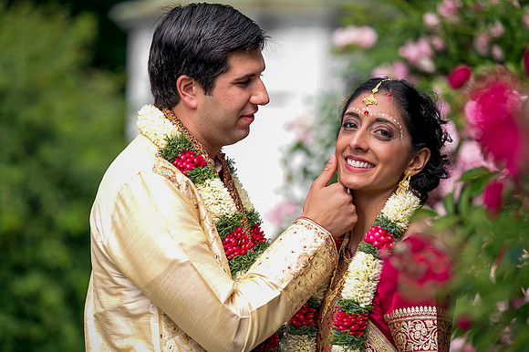 Bride and groom during Hindu wedding ceremony at Linden Place, Bristol. Rhode Island.