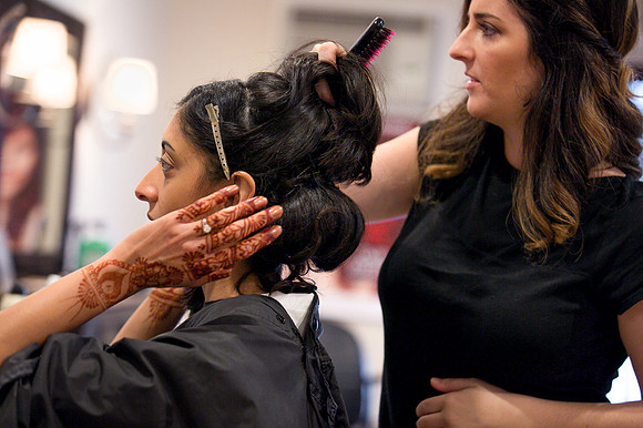 Bride getting ready for wedding at Tiffany’s Salon and Spa, Barrington.